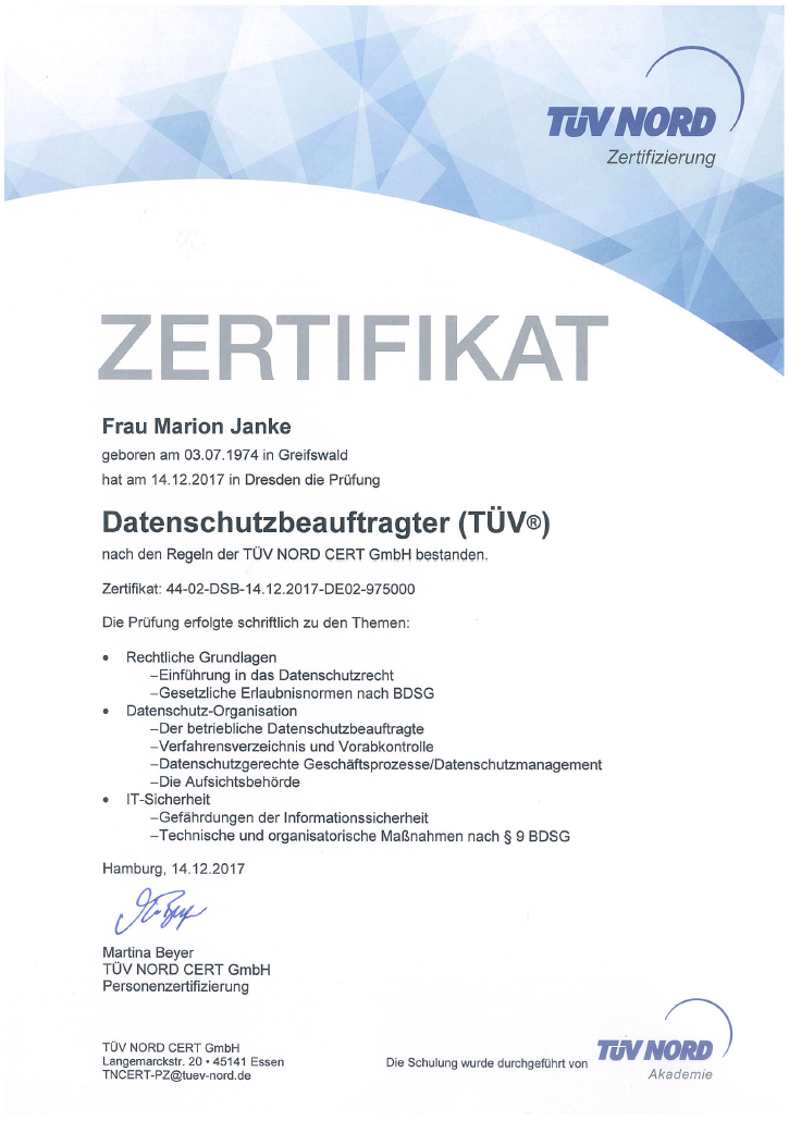 Datenschutzbeauftragter TÜV Zertifikat